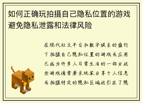 如何正确玩拍摄自己隐私位置的游戏避免隐私泄露和法律风险